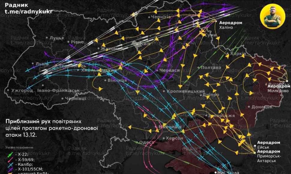 Ukrainos pajėgos parodė apytikslį Rusijos raketų ir dronų kelią per masinį puolimą prieš šalies energetikos sektorių