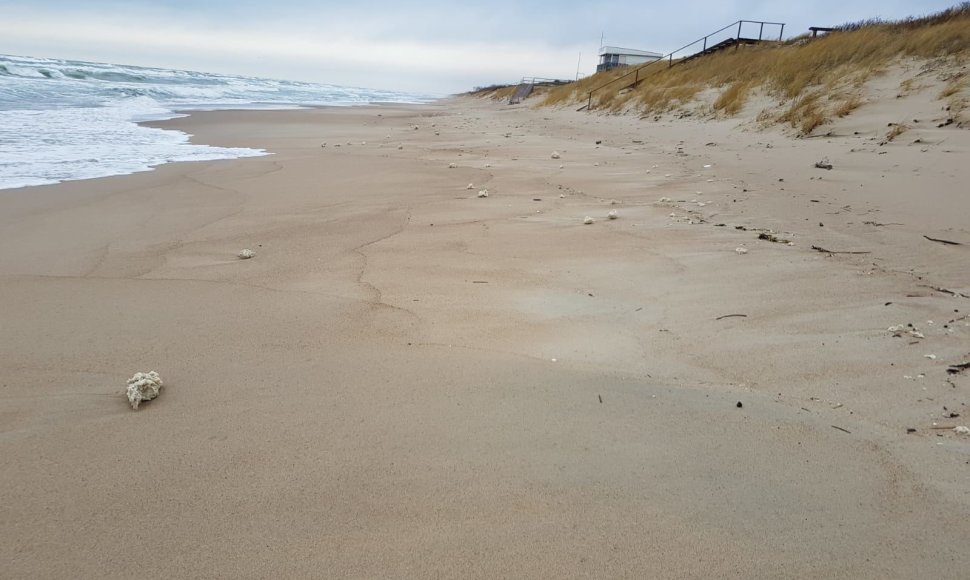 Baltijos jūra savaitgalį Nidos ir Juodkrantės paplūdimiuose išmetė teršalų, panašių į parafiną, gabalų.