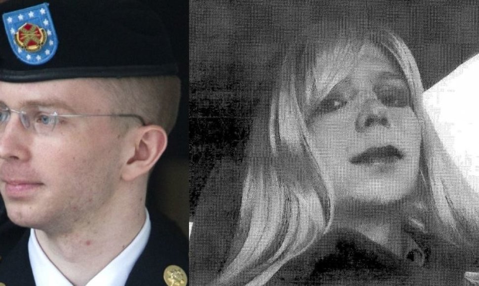 Kairėje - Bradley Manningas teisme 2013 metais. Dešinėje - nuotrauka iš 2010 metų, kai jis apsirengęs kaip moteris