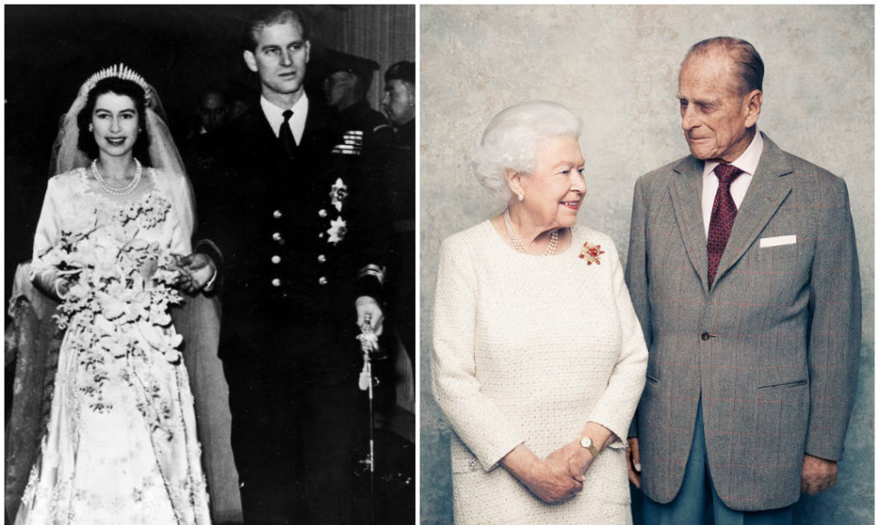 Karalienė Elizabeth II ir princas Philipas savo vestuvių dieną 1947 metais ir 2017-aisiais, per platininį santuokos jubiliejų