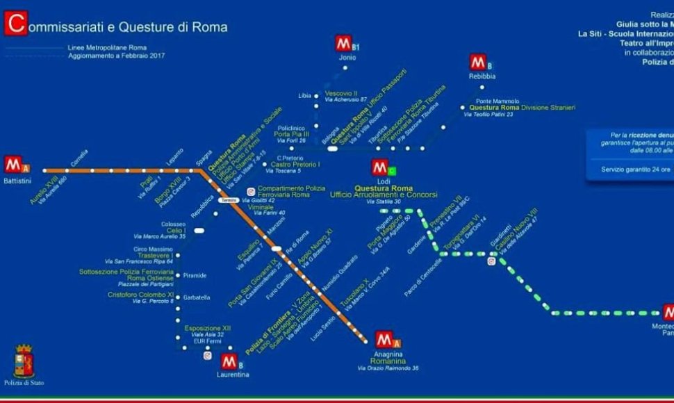 Žemėlapyje pažymėtos Italijos sostinės metropoliteno stotelės ir arčiausiai jų esančios policijos nuovados.