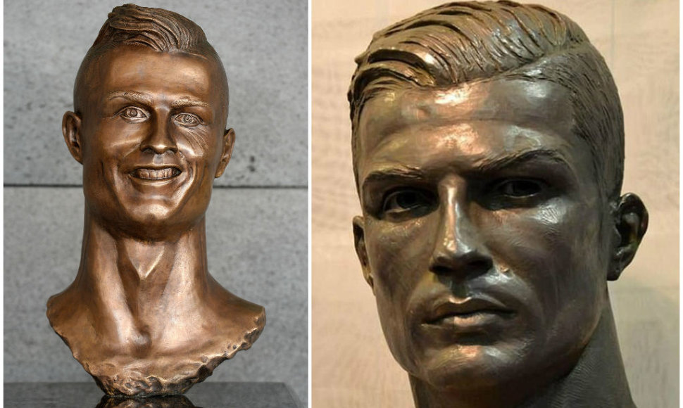 Cristiano Ronaldo skulptūra Madeiros oro uoste (kairėje) ir Madrido „Real“ muziejuje (dešinėje)