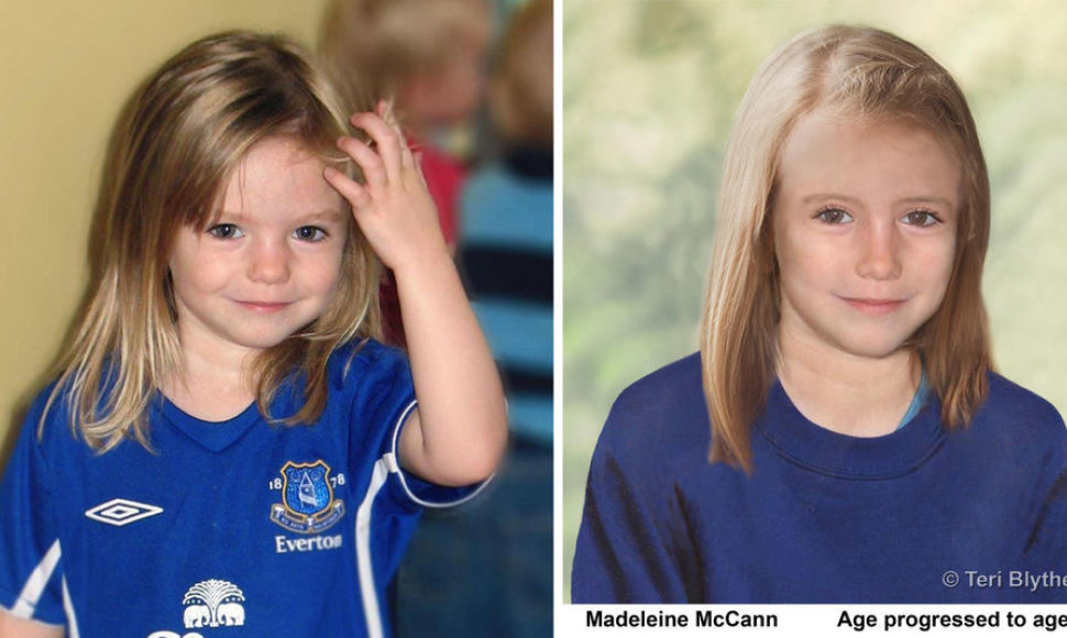 Kairėje – Madeleine McCann 3-ejų metų, o dešinėje – kompiuteriu sudarytas atvaizdas, kaip ji turėtų atrodyti dabar, būdama 9-erių metų