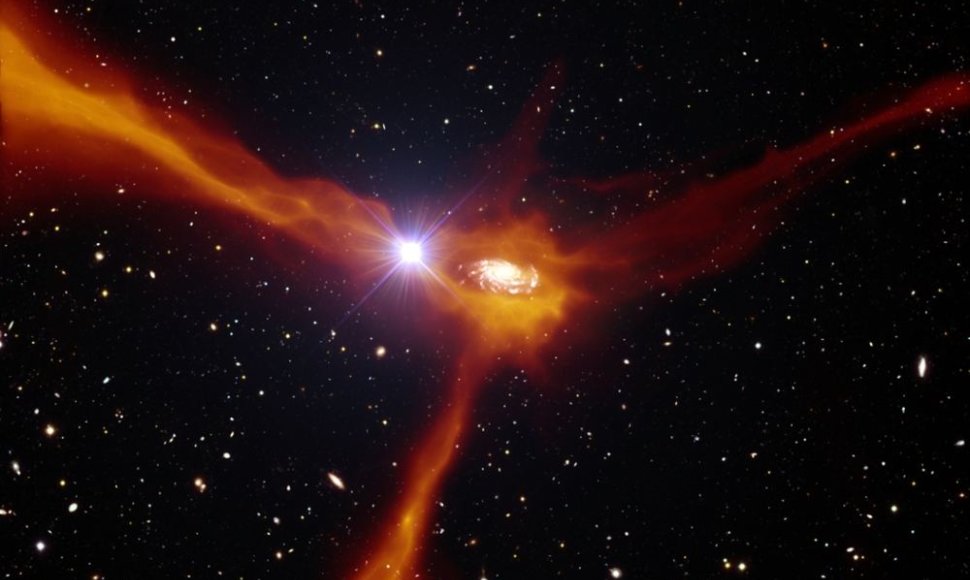 Dėl kvazaro šviesos astronomai galėjo tiesiogiai stebėti, kaip nuo Žemės nutolusi galaktika siurbia aplinkines dujas - iliustracijoje šis procesas pavaizduotas dailininko rankomis