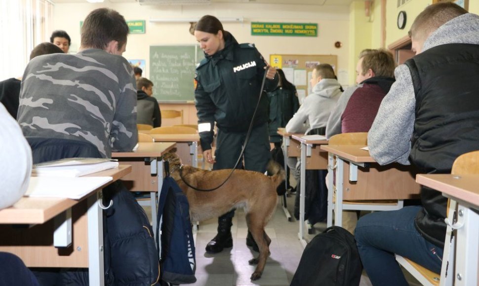 Klaipėdoje policijos pareigūnai su šunimi tikrino vieną profesinę mokyklą ir bendrabutį.