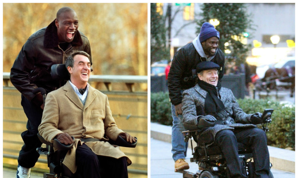 Omaras Sy ir Francois Cluzet prancūzų filme „Neliečiamieji“ (kairėje, 2011 m.) ir Kevinas Hartas su Bryanu Cranstonu amerikietiškoje filmo versijoje (2017 m.)