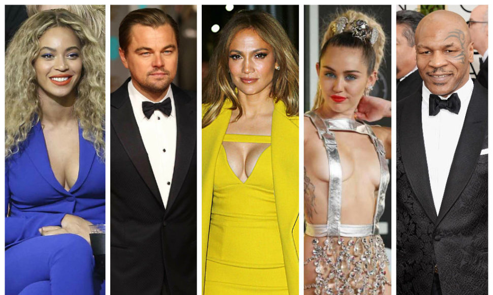 Beyonce, Leonardo DiCaprio, Jennifer Lopez, Miley Cyrus ir Mike'as Tysonas