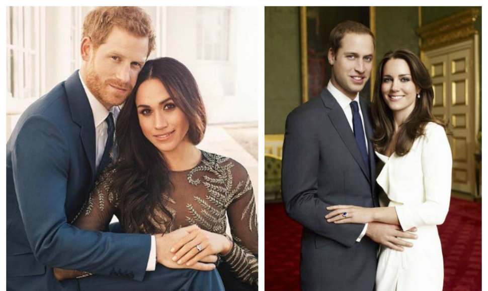 Sužadėtiniai: princas Harry ir Meghan Markle (2017 m. gruodis) bei princas Williamas ir Kate Middleton (2010 m. gruodis)