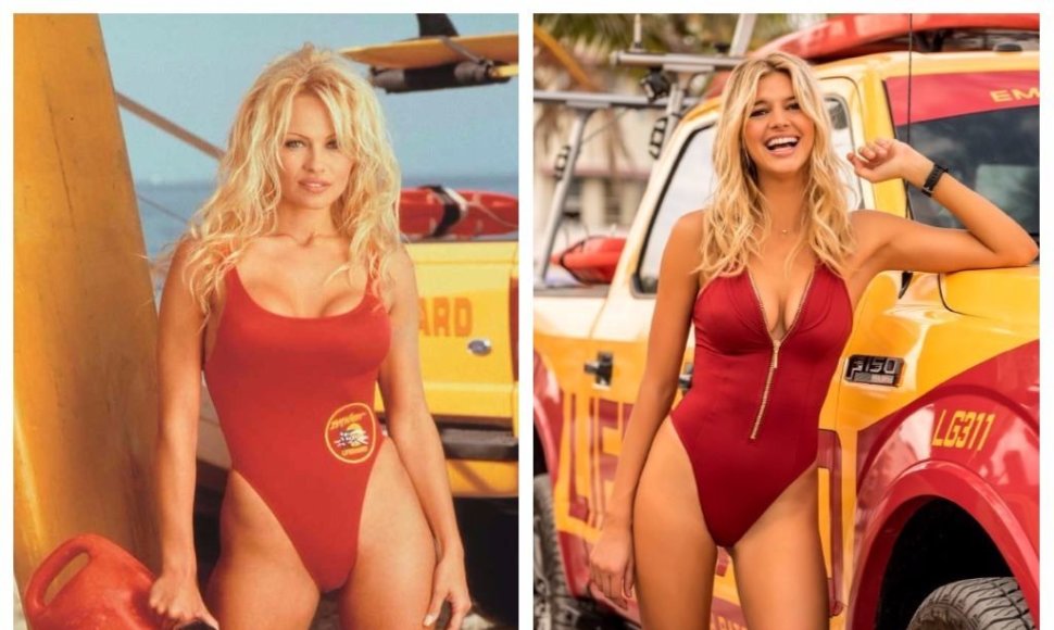 Pamela Anderson (1992 m.) ir Kelly Rohrbach (2017 m.)  „Gelbėtojuose“