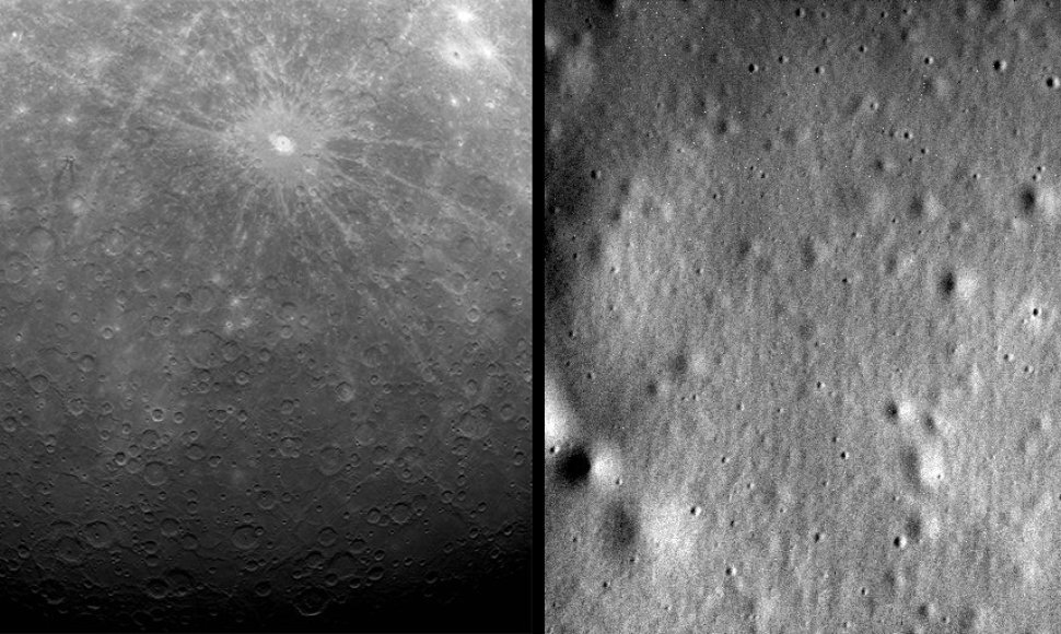 Pirma (2011 m.) ir paskutinė (2015 m.) „Messenger“ daryta Merkurijaus nuotrauka