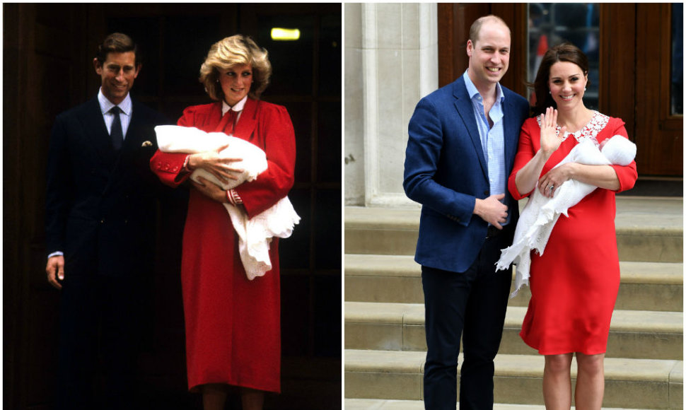 Princas Charlesas ir princesė Diana su naujagimiu sūnumi Harry (1984 m.) ir princas Williamas su Kembridžo hercogiene Catherine ir sūnumi