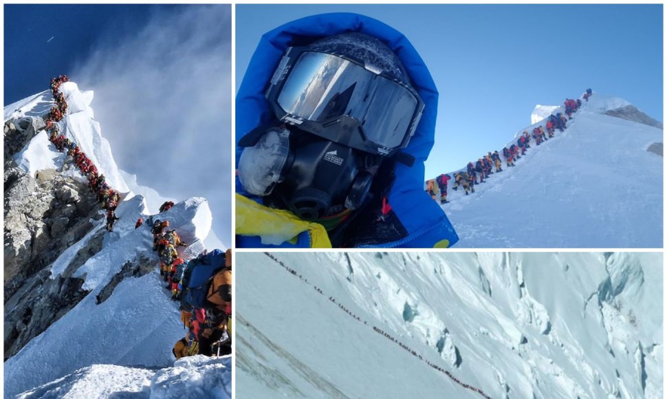 Kairėje ir apačioje - eilės ant Everesto, viršuje dešinėje - Tadas Jeršovas ir alpinistų eilė prie Manaslu