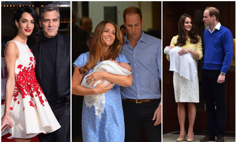 George'as ir Amal Clooney bei princas Williamas ir Kembridžo hercogienė Catherine su vaikais (centre – su princu George'u 2013 metais, dešinėje – su princese Charlotte 2015 metais)