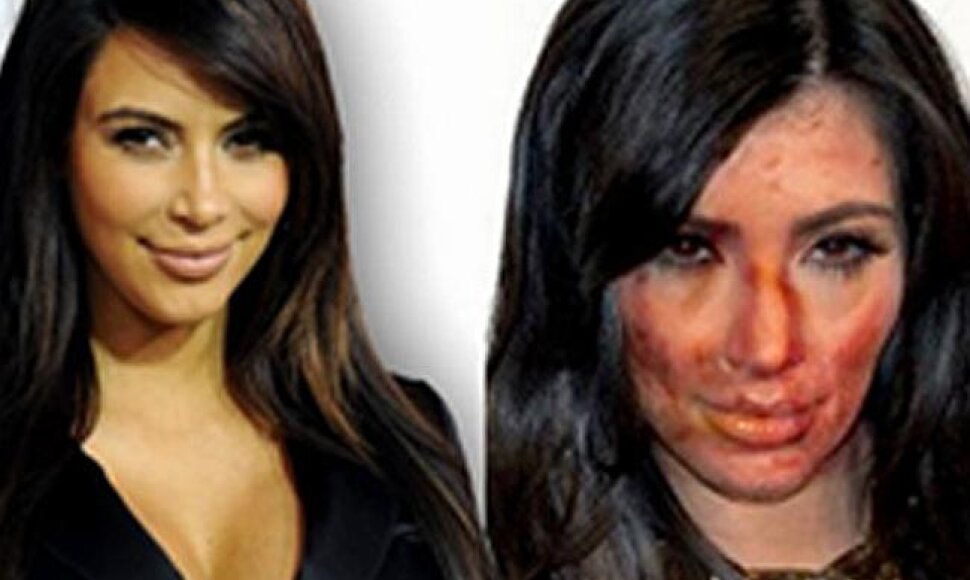 Kim Kardashian realybėje (kairėje) ir kaip atrodytų, jeigu vartotų narkotikus