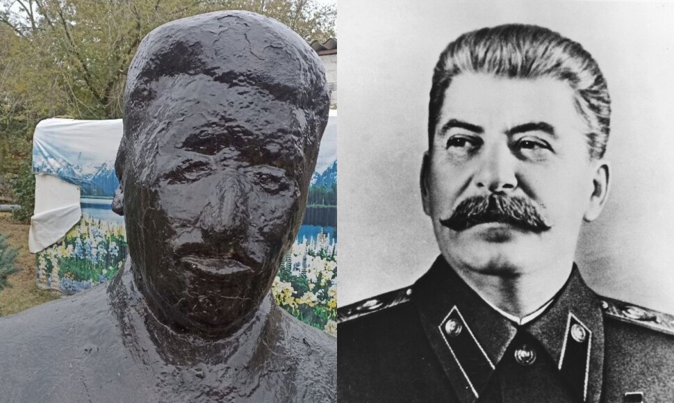 Josifas Stalinas (de&scaron;inėje) ir vienas i&scaron; paminklų jam Rusijoje