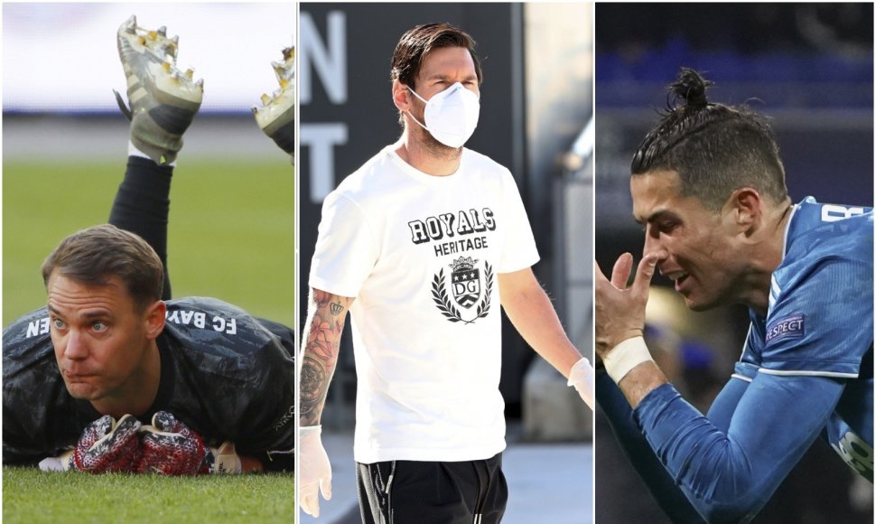 Vartininkas Manuelis Neueris, puolėjai Lionelis Messi ir Cristiano Ronaldo. Viruso ekspertų studijos rodo, kad žaidžiant futbolą saugiausia pozicija – vartininko, o rizikingiausia – puolėjo.