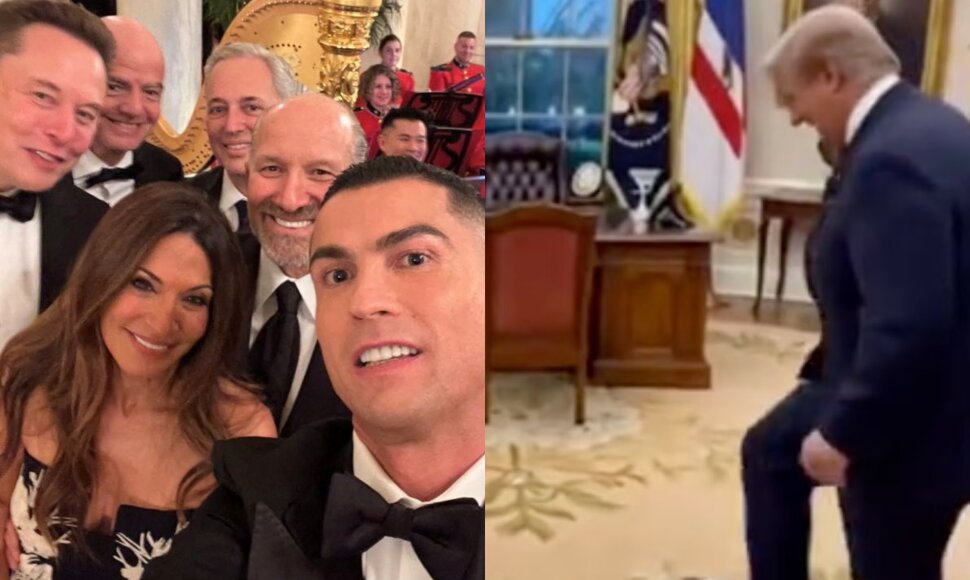 Tikras Ronaldo vizitas Baltuosiuose rūmuose ir DI sugeneruotas vaizdas su kamuolį spardančiu Donaldu