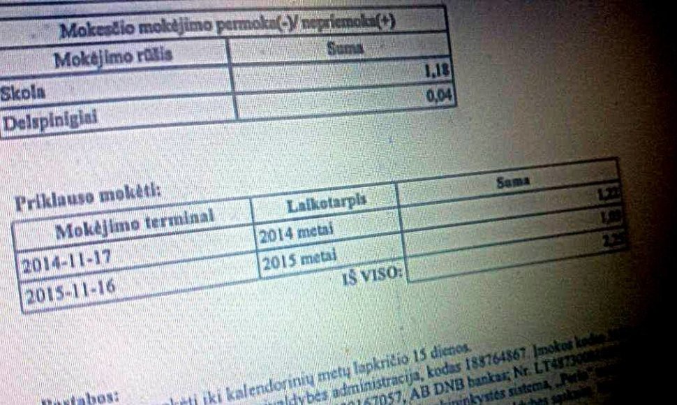 Žemės nuomos mokesčio deklaracija, kurioje nurodoma susimokėti ir skolą