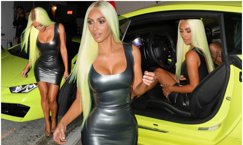 Kim Kardashian prie žalio „Lamborghini“ priderino žalius plaukus