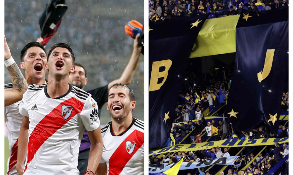 „River Plate“ futbolininkai ir „Boca Juniors“ sirgaliai