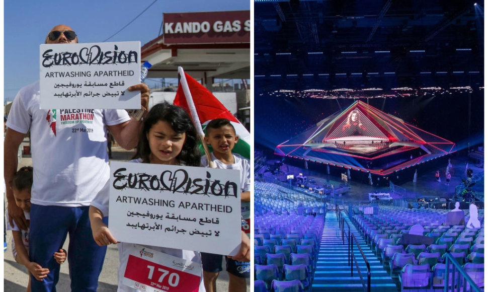 Tarptautinio Palestinos maratono metu „Euroviziją“ boikotuoti dėl Izraelio veiksmų Vakarų Krante raginantys protestuotojai ir 2019 m. „Eurovizijos“ scena