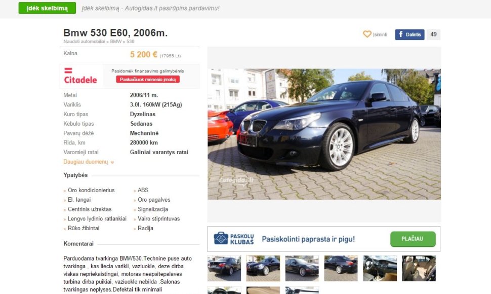 Įtartinai pigiai parduodamas 2006-ųjų laidos BMW 530