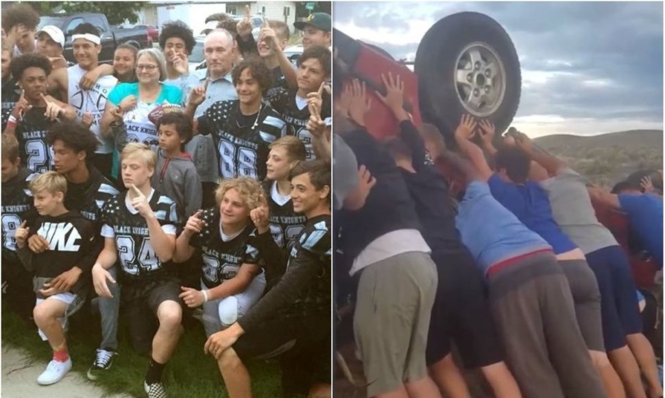 Amerikietiško futbolo žaidėjai išgelbėjo automobilyje įstrigusią porelę