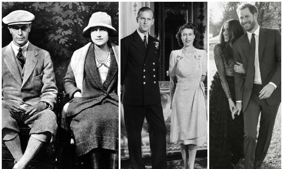 Karalius George'as VI ir Elizabeth Bowes-Lyon 1923, Elizabeth II ir Princas Philipas, Meghan Markle ir Princas Harry
