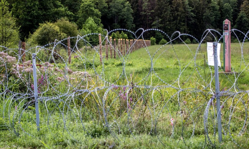 Spygliuotos vielos užtvara ties siena su Baltarusija