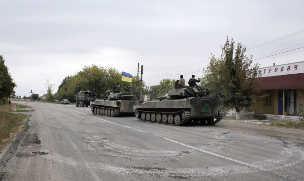 Ukrainos karinė technika Delbacevo mieste.