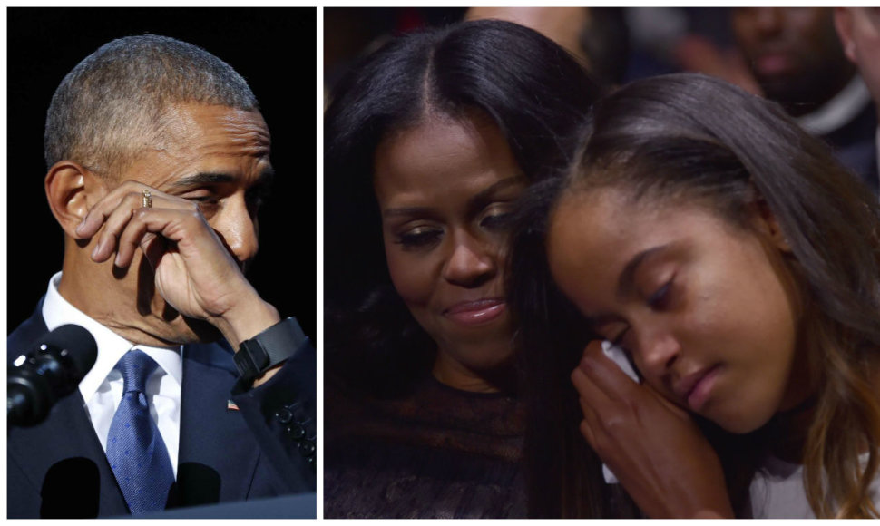 Su prezidento kadencija atsisveikinantis Barackas Obama pagerbė savo šeimą: ašarojo ir pats, ir dukra