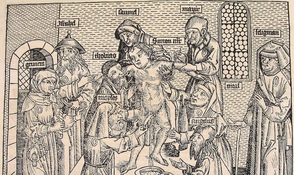Krikščionių vaiko ritualinė žmogžudystė, 1493. Autorius Hartmann Schedel (1440-1514). Nuremberg Chronical (Schedel'sche Weltchronik), puslapis CCLIIIIv. Šaltinis Beloit College CC BY