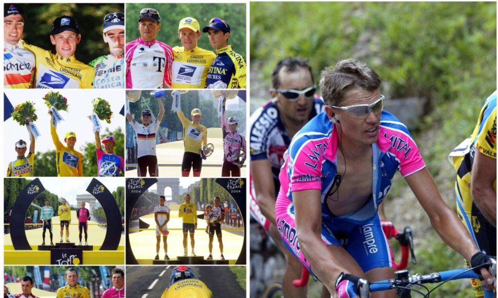 Nuotraukų rinkinyje kairėje L.Armstrongas su kitais dviratininkais, tarp jų ir R.Rumšu (nuotrauka dešinėje). Iš visų prizininkų tik vienas (Fernando Escartinas) neįkliuvo dėl dopingo.