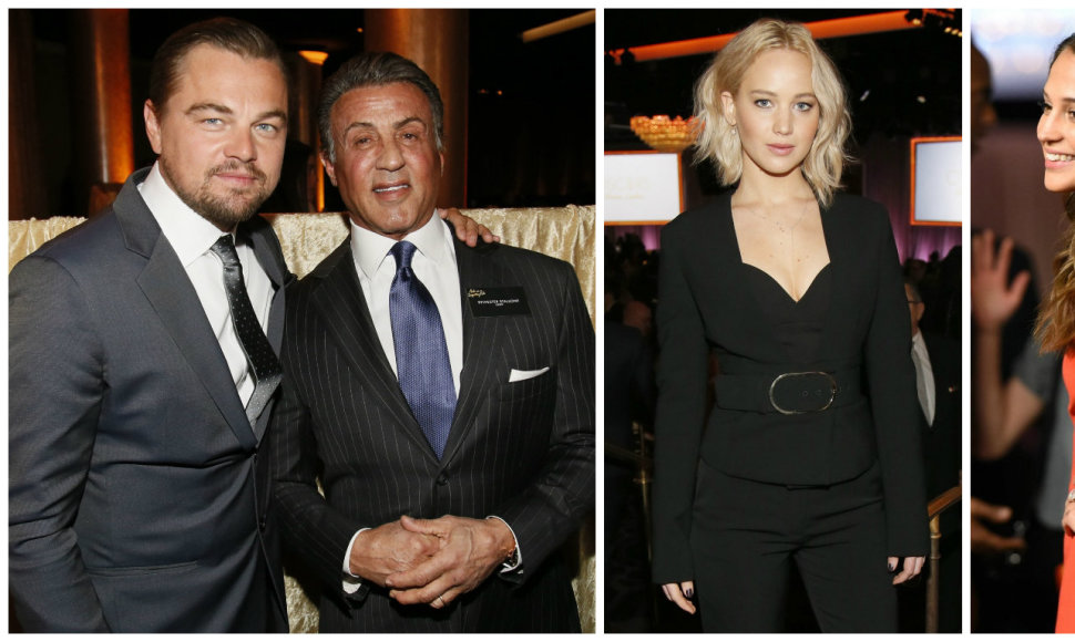 Leonardo DiCaprio ir Sylvesteris Stallone, Jennifer Lawrence ir Alicia Vikander