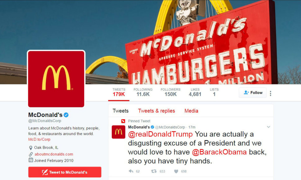 „McDonald's“ paskyroje buvo atsiradusi D.Trumpą kritikuojanti žinutė