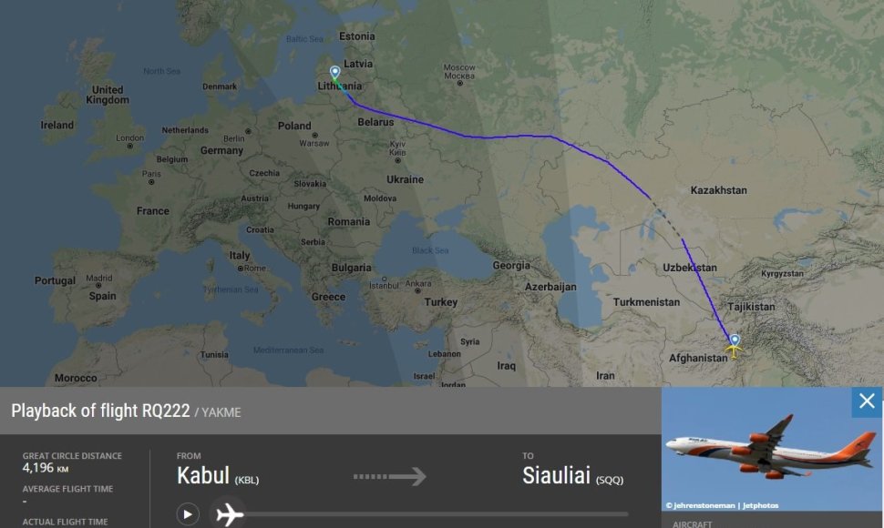 Iš Kabulo į Šiaulius skridusio lėktuvo maršrutas