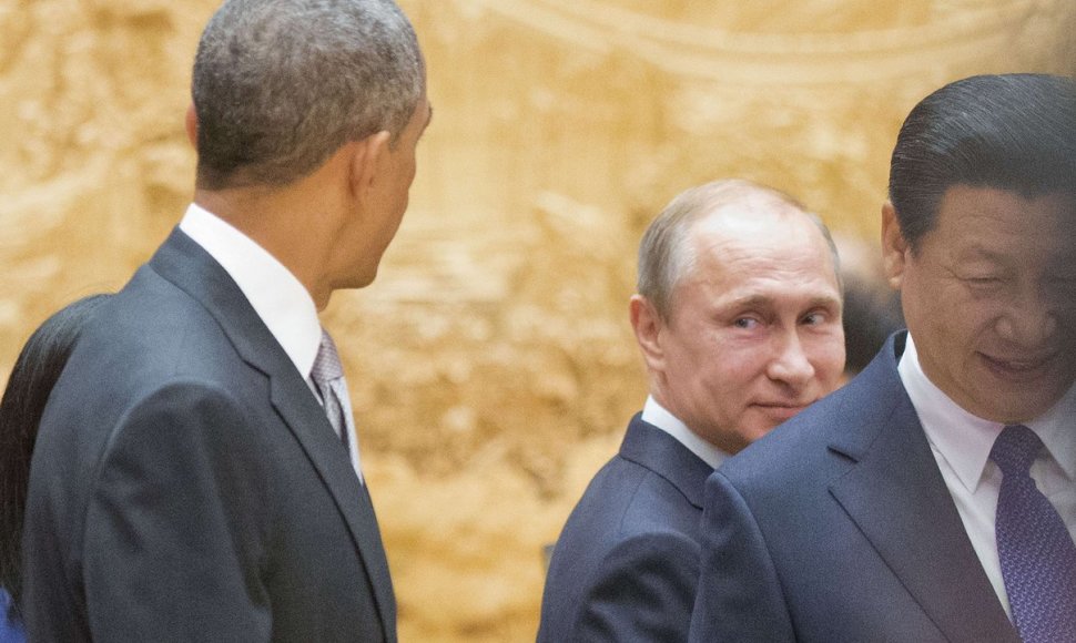 JAV prezidentas Barackas Obama, Rusijos prezidentas Vladimiras Putinas ir Kinijos prezidentas Xi Jinpingas