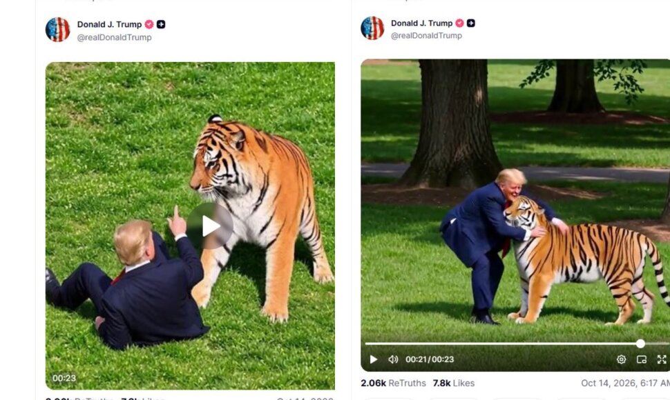 Donaldas Trumpas dalijasi dirbtinio intelekto sugeneruotais vaizdais su tigru