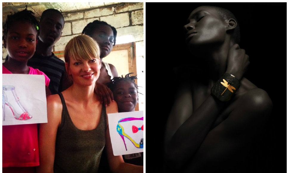 Aura Copeland Haityje ir jos kūrybos apyrankė ant modelio Anios Charlot rankos