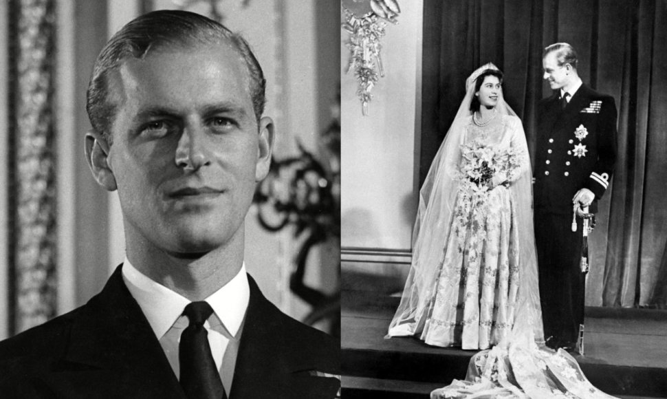 Princas Philipas jaunystėje (kairėje), Elizabeth II ir princo Philipo vestuvės (dešinėje)