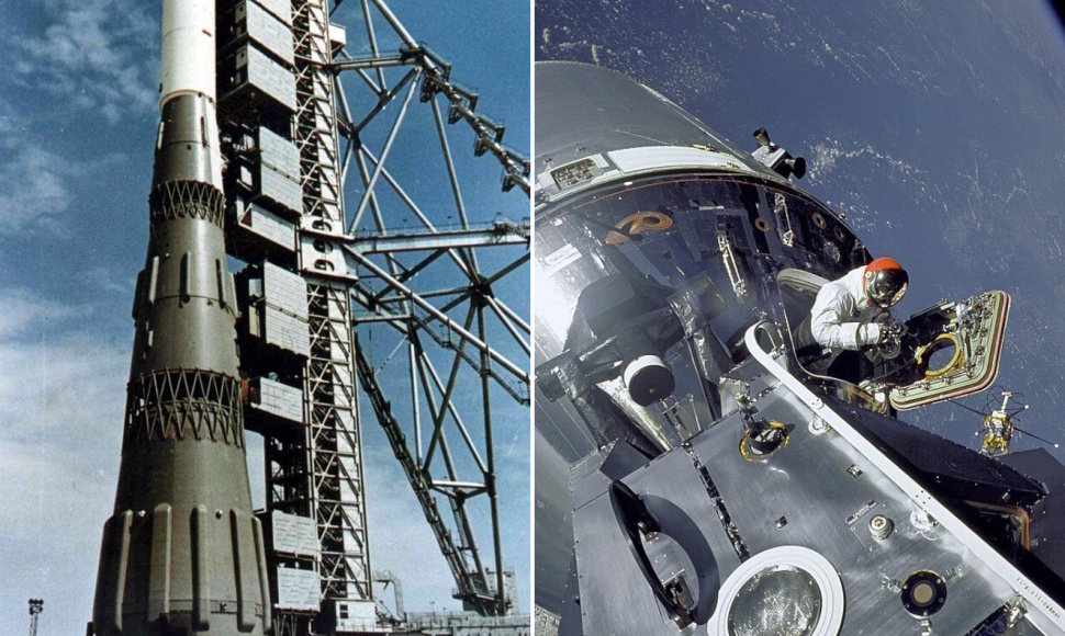 Sovietinės raketos N-1 maketas ir „Apollo 9“ Žemės orbitoje