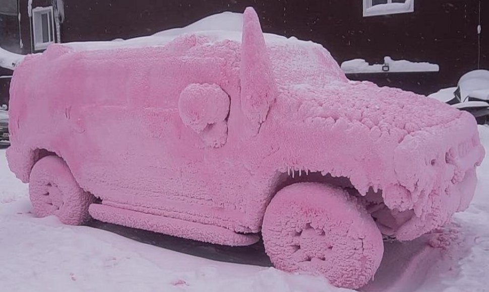Rožinis „Hummer“: kas nutinka, kai plauni automobilį spiginančiame šaltyje