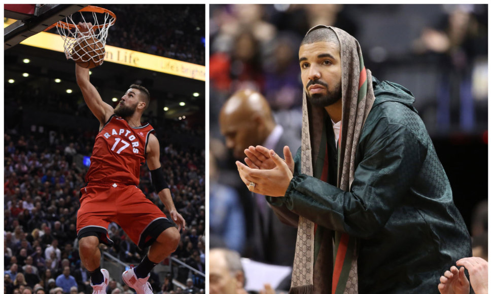 Jonas Valančiūnas ir reperis Drake'as Toronto „Raptors“ varžybose