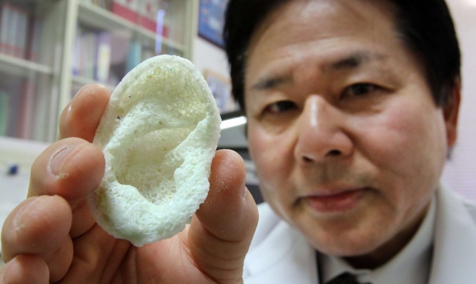 Tokijo universiteto ligoninės profesorius Tsuyoshi Takado laiko biologiniu 3D spausdintuvu pagaminta ausį.