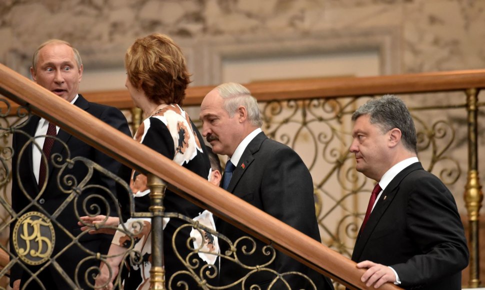 Rusijos prezidentas Vladimiras Putinas, ES užsienio politikos vadovė Catherine Ashton, Baltarusijos prezidentas Aleksandras Lukašenka ir Ukrainos prezidentas Petro Porošenka