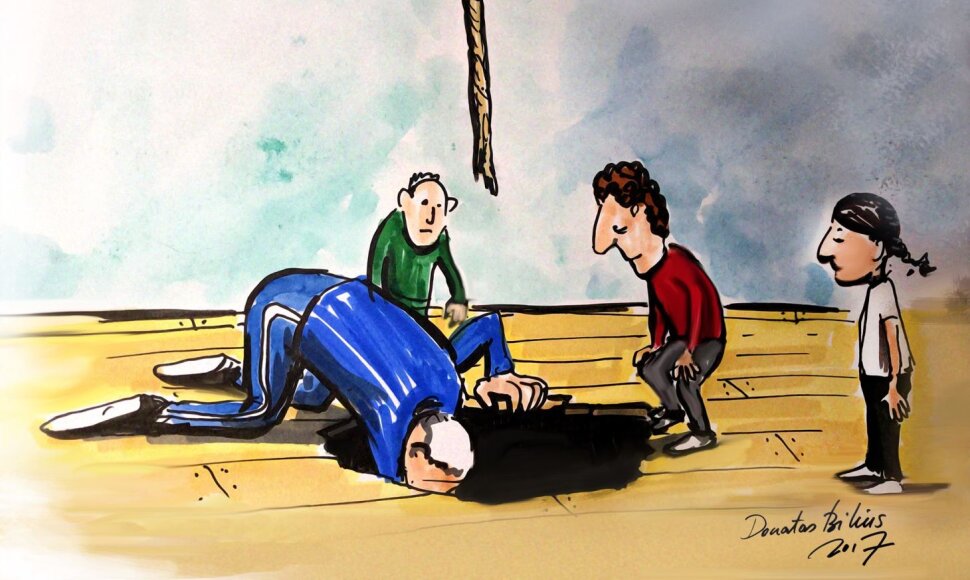 Karikatūromis pažvelgta į vis dar aktualią Lietuvos problemą – padėtį mokyklų sporto salėse.