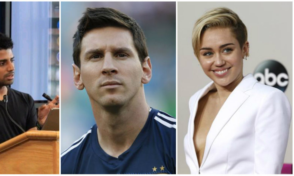 Iš kairės: Naveenas Selvadurai, Lionelis Messi, Miley Cyrus