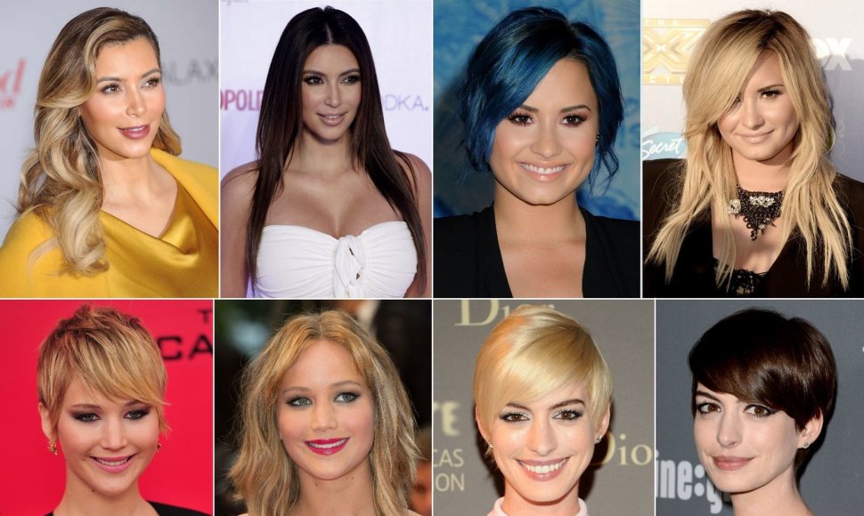 Kim Kardashian, Demi Lovato, Jennifer Lawrence ir Anne Hathaway šukuosenų pokyčiai
