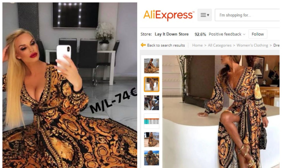 Vita Jakutienė su savo drabužių butiko suknele ir identiška suknelė iš „Aliexpress“