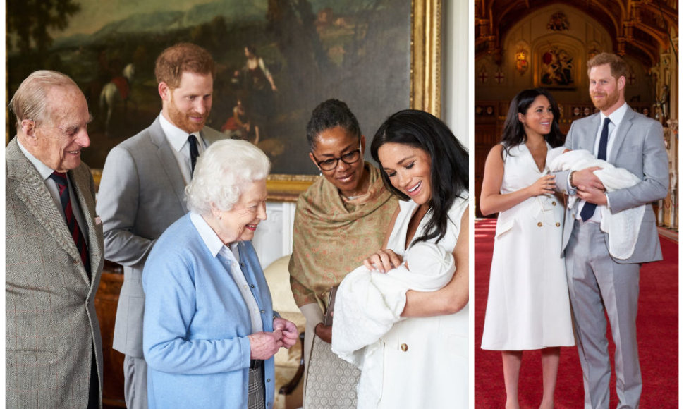 Princas Philipas, princas Harry, karalienė Elizabeth II, ant rankų pirmagimį Archie Harrisoną Mountbatteną-Windsorą laikanti Sasekso hercogienė Meghan Markle ir jos mama Doria Ragland